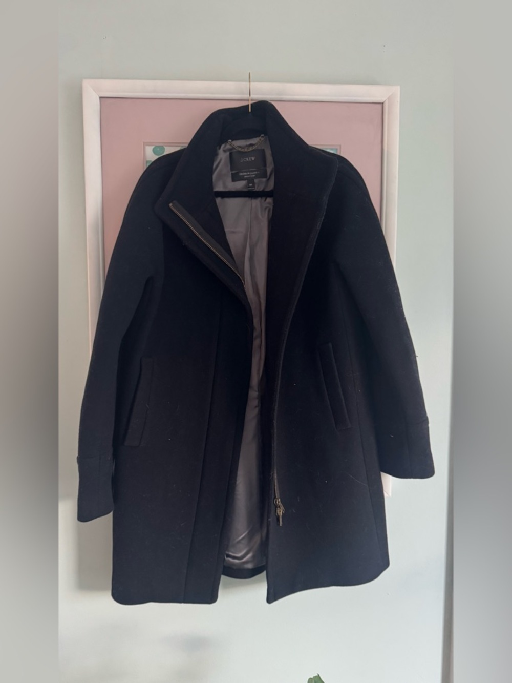 J. Crew Black Lined Stadium Cloth Coat with Chain Hanger